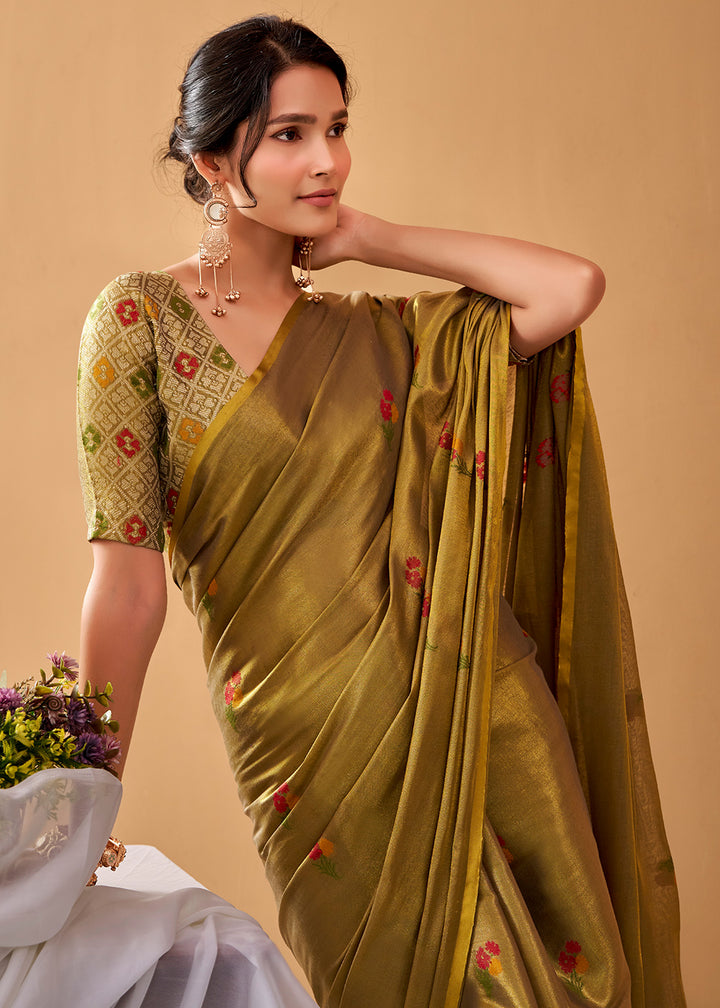 Golden &amp; Green Tissue Silk Saree with Intricate Allover Floral Motifs