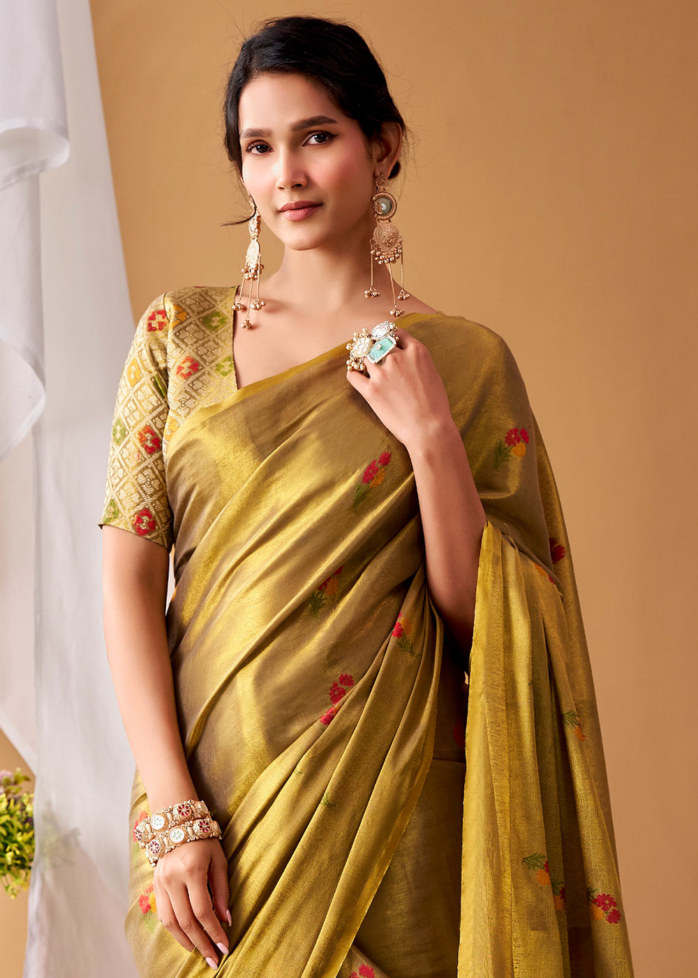 Golden &amp; Green Tissue Silk Saree with Intricate Allover Floral Motifs