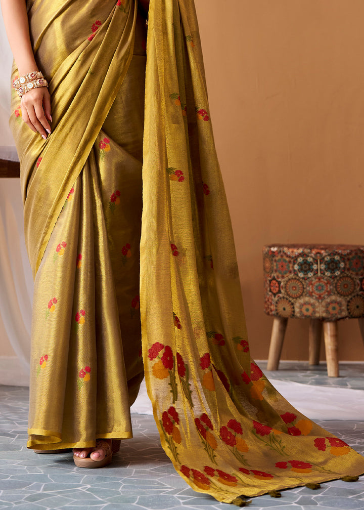 Golden &amp; Green Tissue Silk Saree with Intricate Allover Floral Motifs