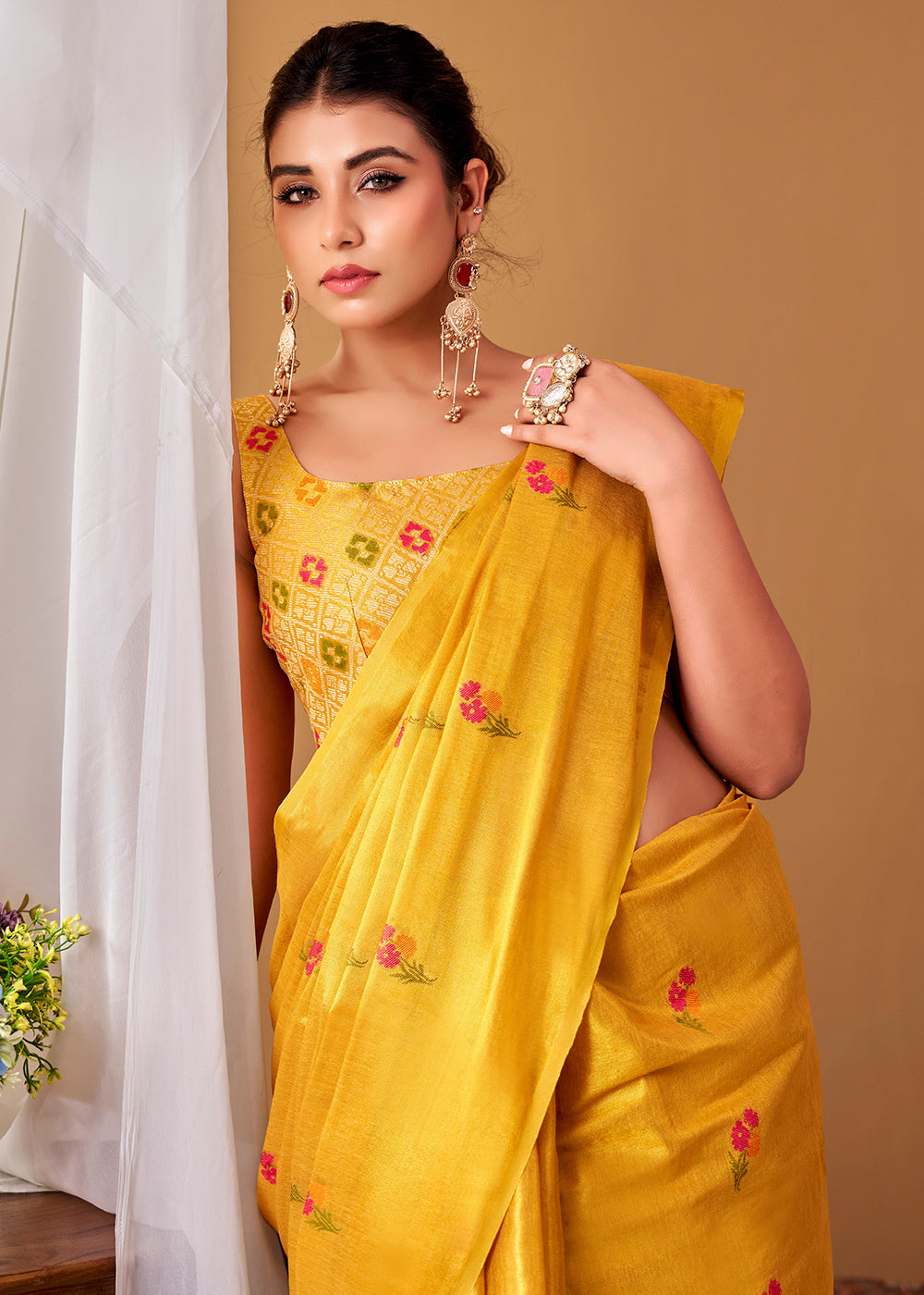 Chrome Yellow Tissue Silk Saree with Intricate Allover Floral Motifs