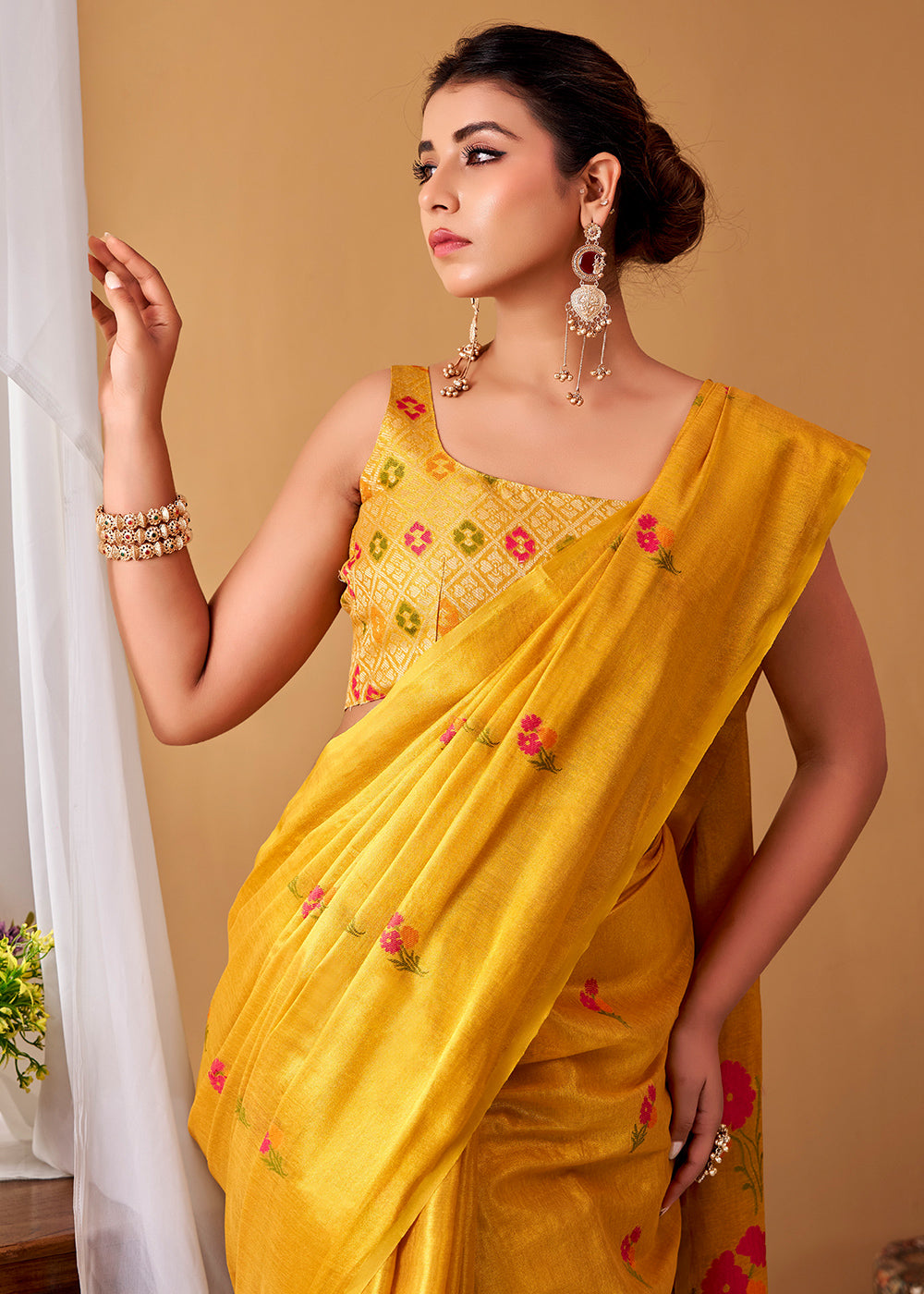 Chrome Yellow Tissue Silk Saree with Intricate Allover Floral Motifs
