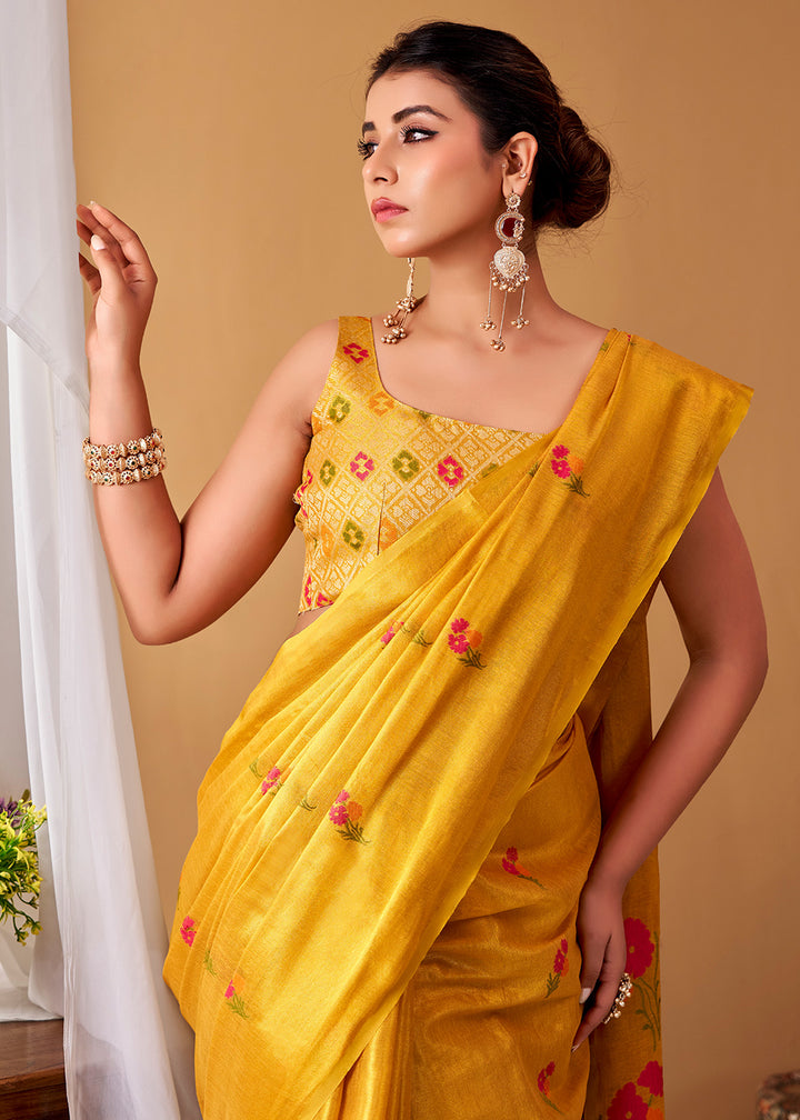 Chrome Yellow Tissue Silk Saree with Intricate Allover Floral Motifs
