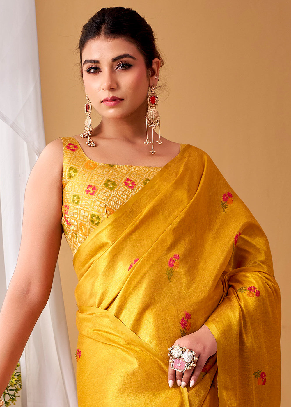 Chrome Yellow Tissue Silk Saree with Intricate Allover Floral Motifs
