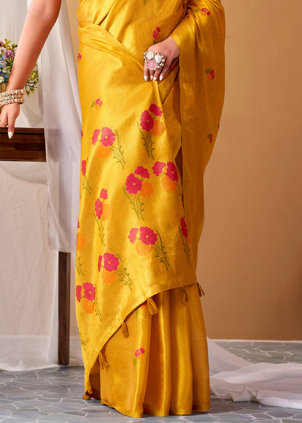 Chrome Yellow Tissue Silk Saree with Intricate Allover Floral Motifs