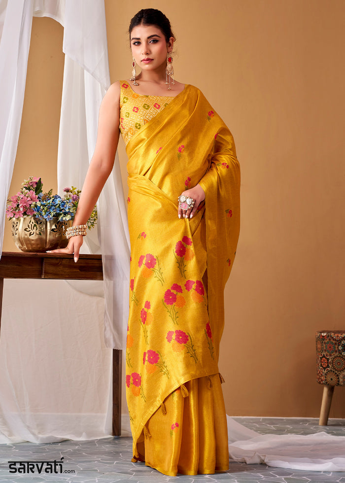 Chrome Yellow Tissue Silk Saree with Intricate Allover Floral Motifs