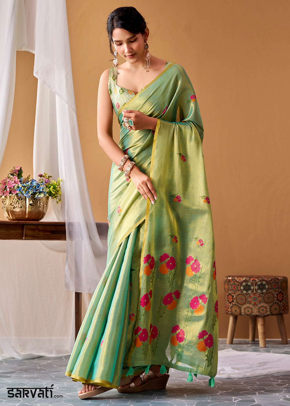 Shades Of Green Tissue Silk Saree with Intricate Allover Floral Motifs
