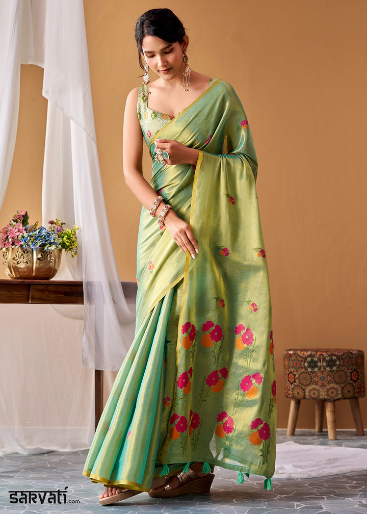 Shades Of Green Tissue Silk Saree with Intricate Allover Floral Motifs