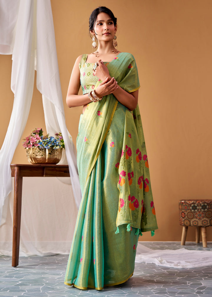 Shades Of Green Tissue Silk Saree with Intricate Allover Floral Motifs