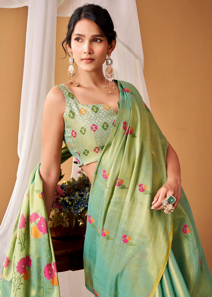 Shades Of Green Tissue Silk Saree with Intricate Allover Floral Motifs