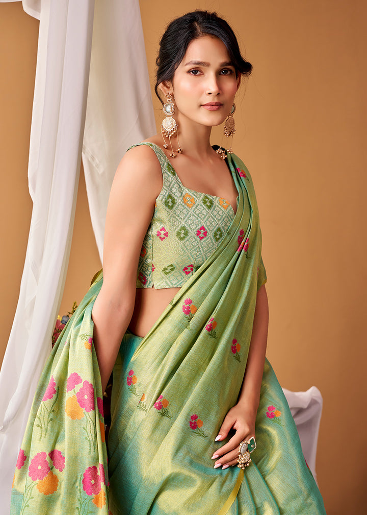 Shades Of Green Tissue Silk Saree with Intricate Allover Floral Motifs