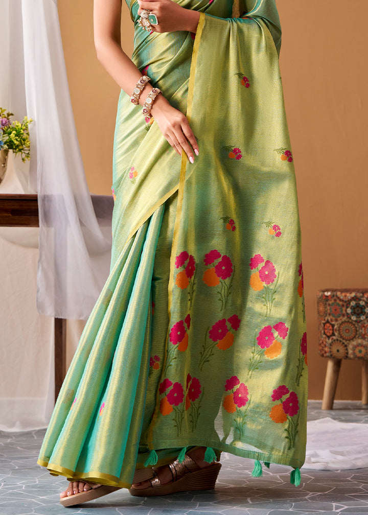 Shades Of Green Tissue Silk Saree with Intricate Allover Floral Motifs