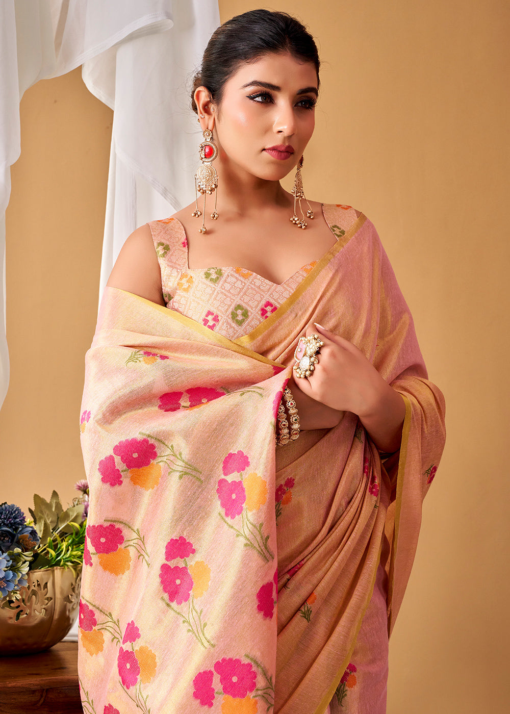 Shades Of Pink Tissue Silk Saree with Intricate Allover Floral Motifs