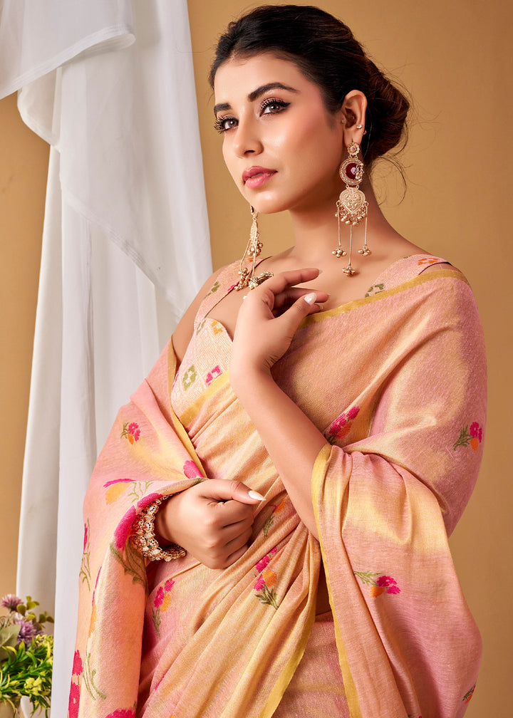 Shades Of Pink Tissue Silk Saree with Intricate Allover Floral Motifs