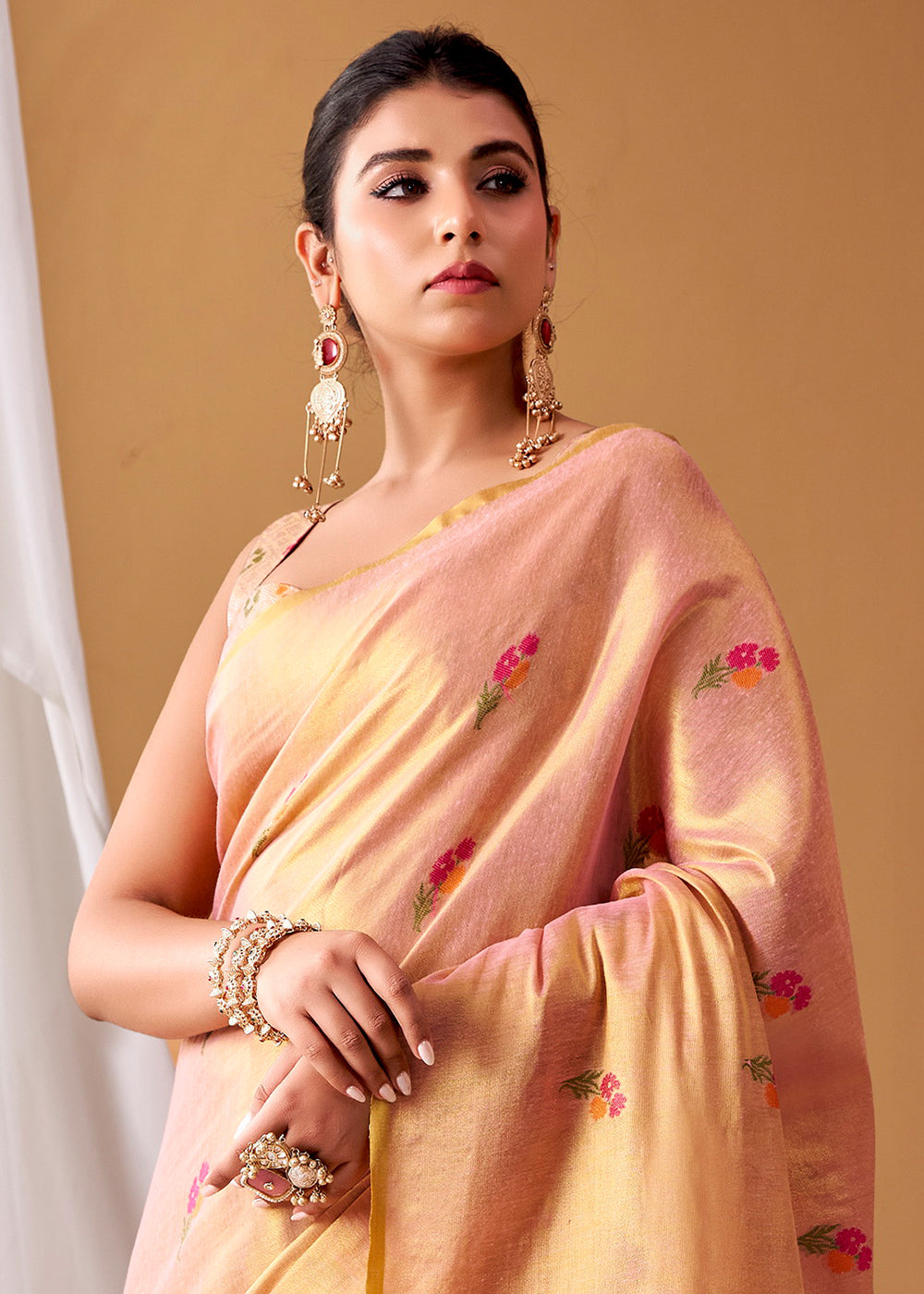 Shades Of Pink Tissue Silk Saree with Intricate Allover Floral Motifs