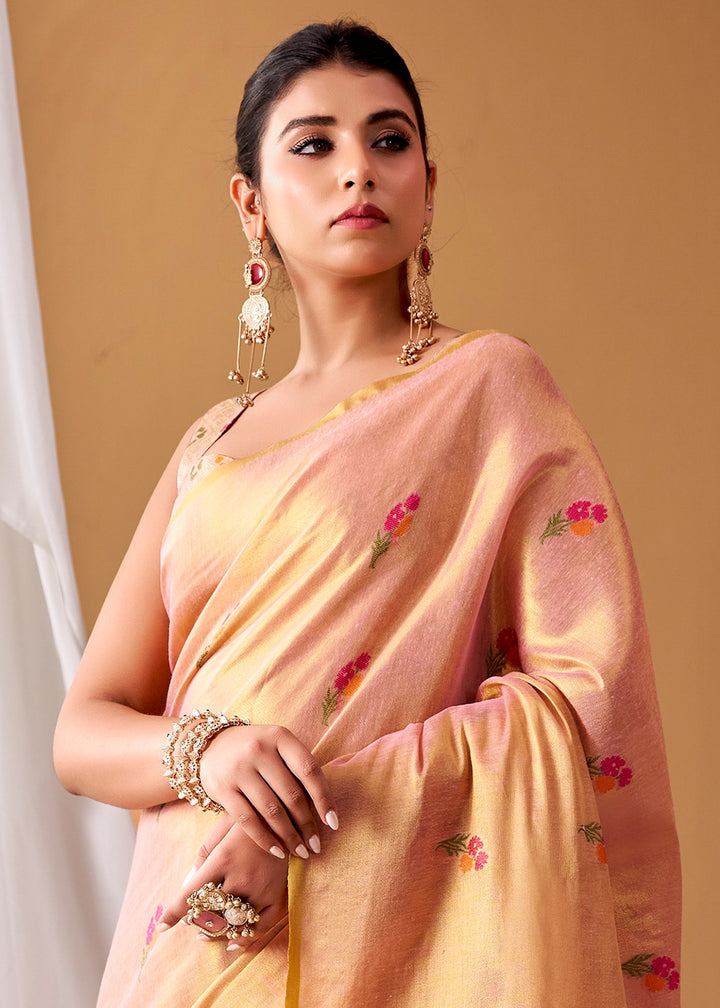 Shades Of Pink Tissue Silk Saree with Intricate Allover Floral Motifs