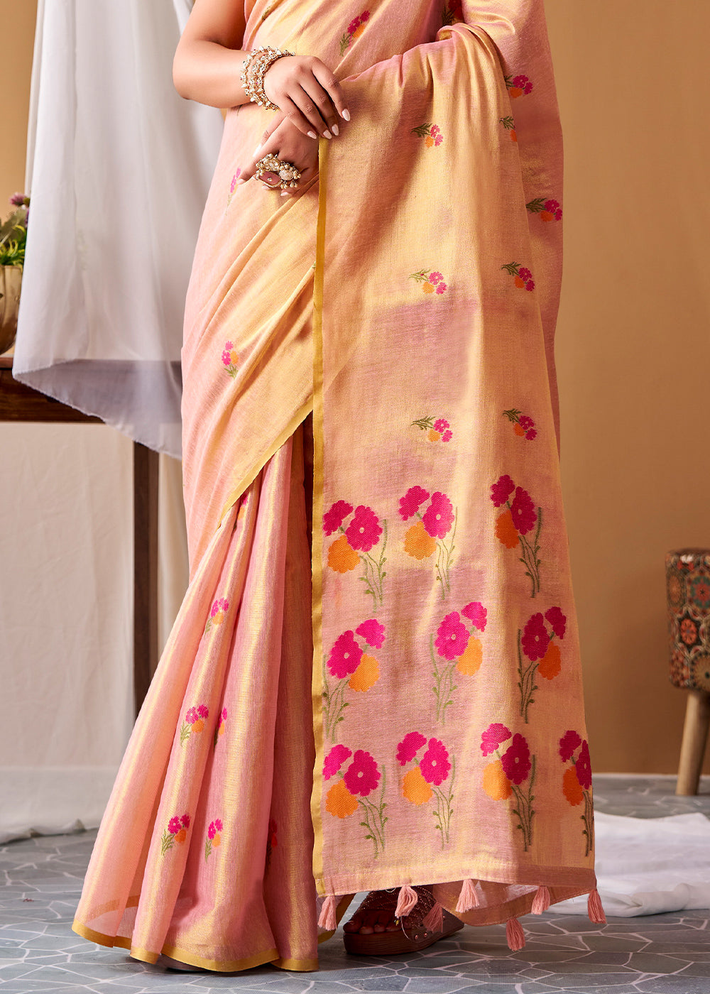 Shades Of Pink Tissue Silk Saree with Intricate Allover Floral Motifs