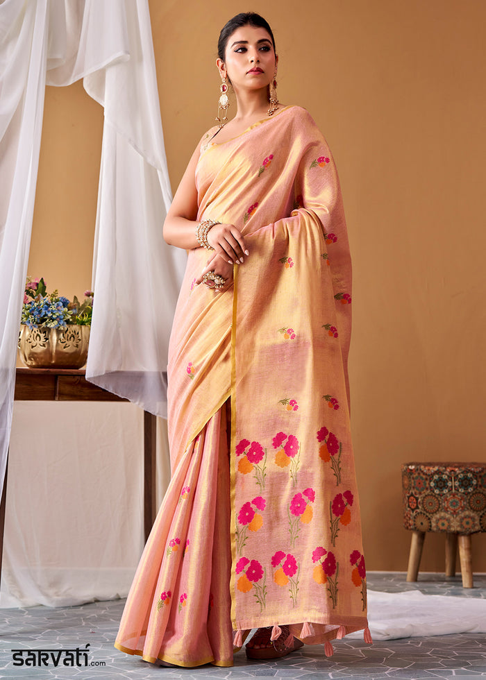 Shades Of Pink Tissue Silk Saree with Intricate Allover Floral Motifs