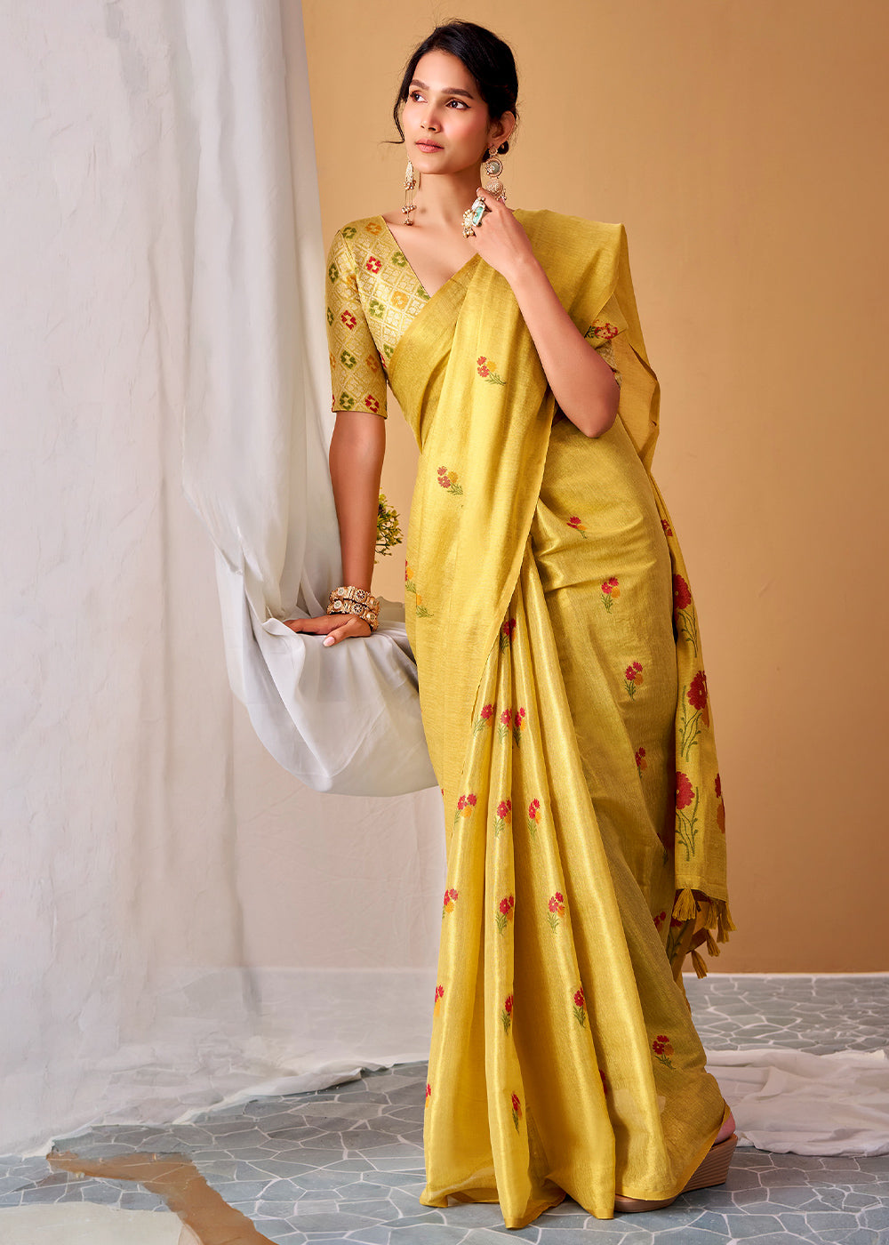 Citrine Yellow Tissue Silk Saree with Intricate Allover Floral Motifs