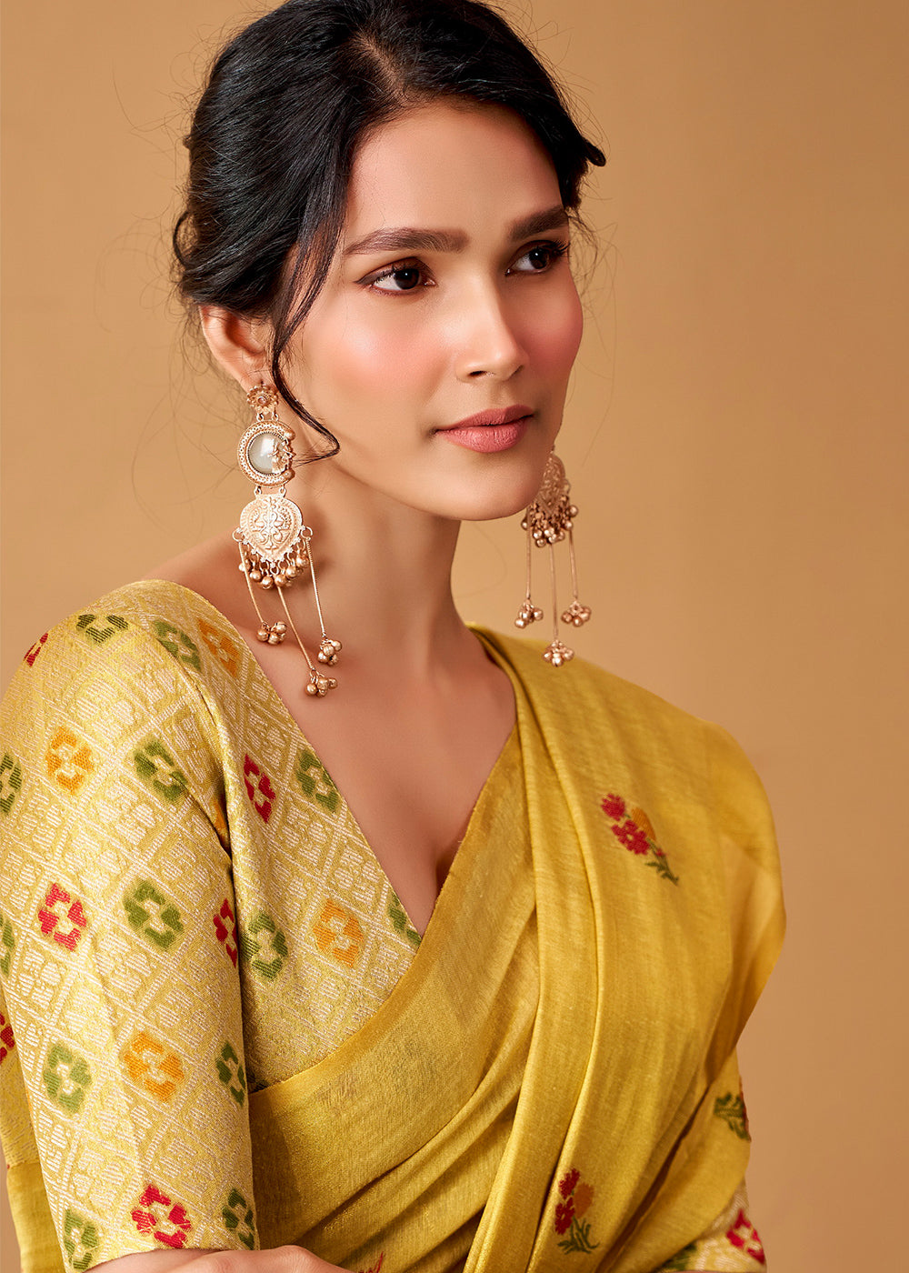 Citrine Yellow Tissue Silk Saree with Intricate Allover Floral Motifs