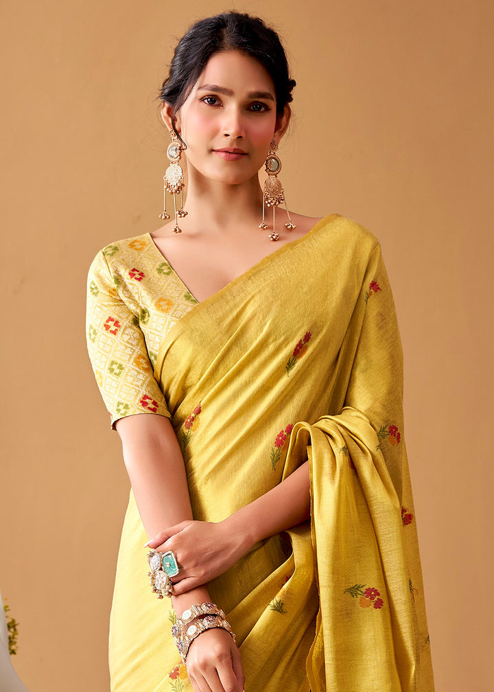 Citrine Yellow Tissue Silk Saree with Intricate Allover Floral Motifs