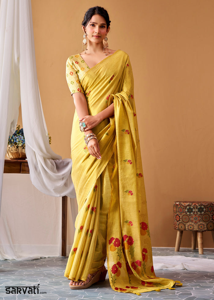 Citrine Yellow Tissue Silk Saree with Intricate Allover Floral Motifs