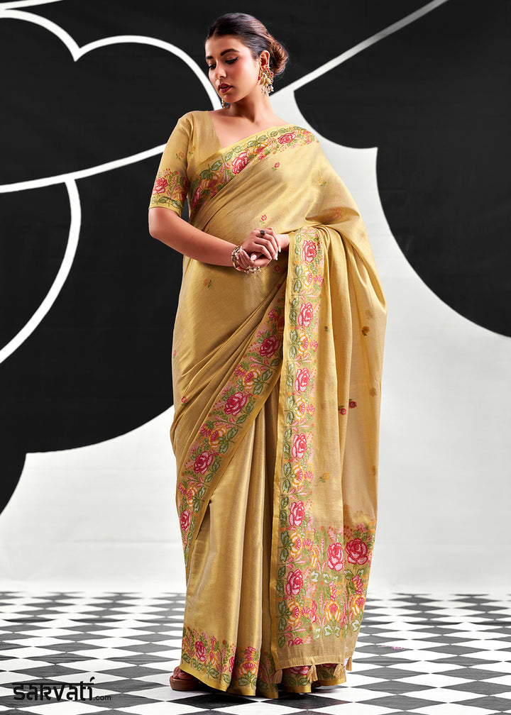 Brownish Green Tissue Silk Festive Saree with Floral Embroidered Artistry