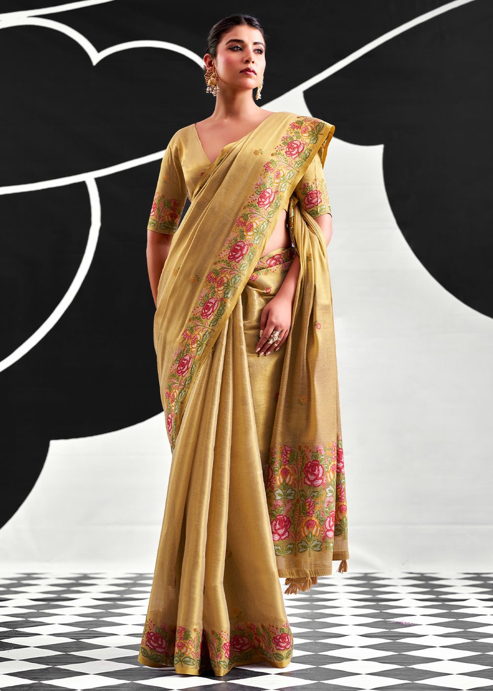 Brownish Green Tissue Silk Festive Saree with Floral Embroidered Artistry