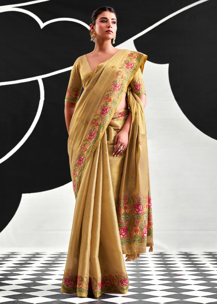 Brownish Green Tissue Silk Festive Saree with Floral Embroidered Artistry