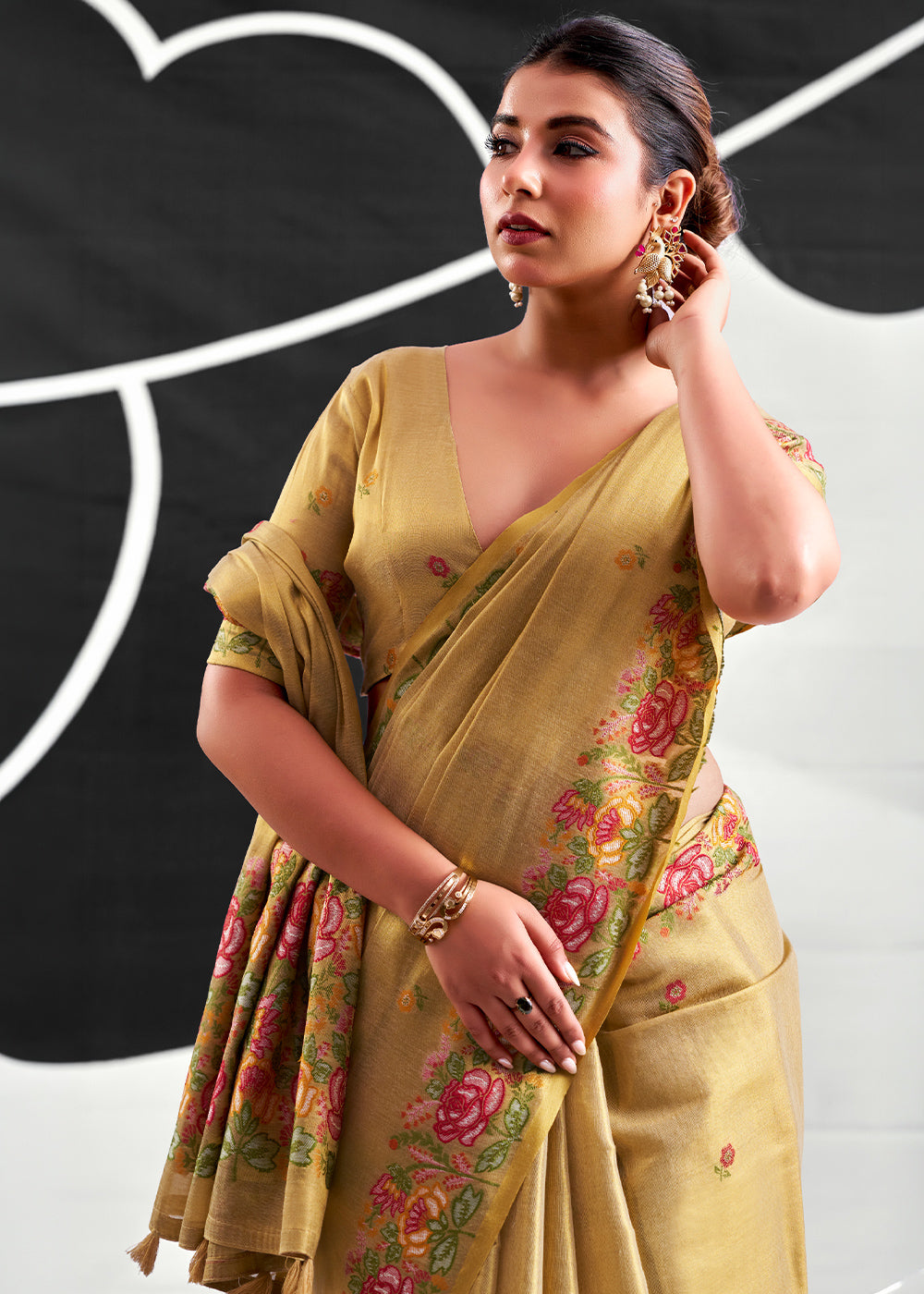 Brownish Green Tissue Silk Festive Saree with Floral Embroidered Artistry