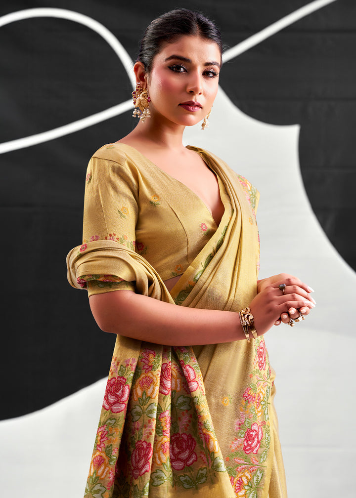 Brownish Green Tissue Silk Festive Saree with Floral Embroidered Artistry