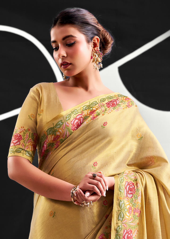 Brownish Green Tissue Silk Festive Saree with Floral Embroidered Artistry