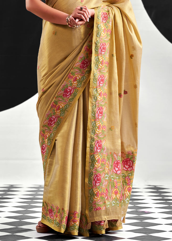 Brownish Green Tissue Silk Festive Saree with Floral Embroidered Artistry