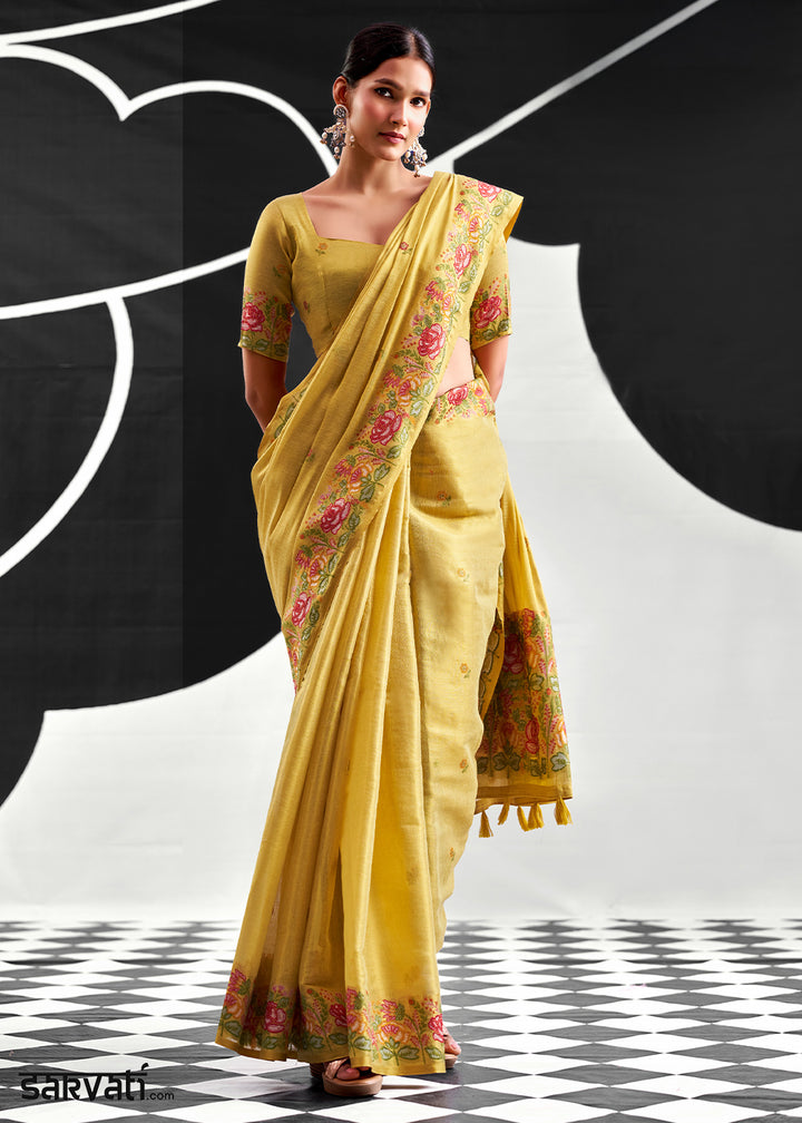 Shades Of Green Tissue Silk Festive Saree with Floral Embroidered Artistry