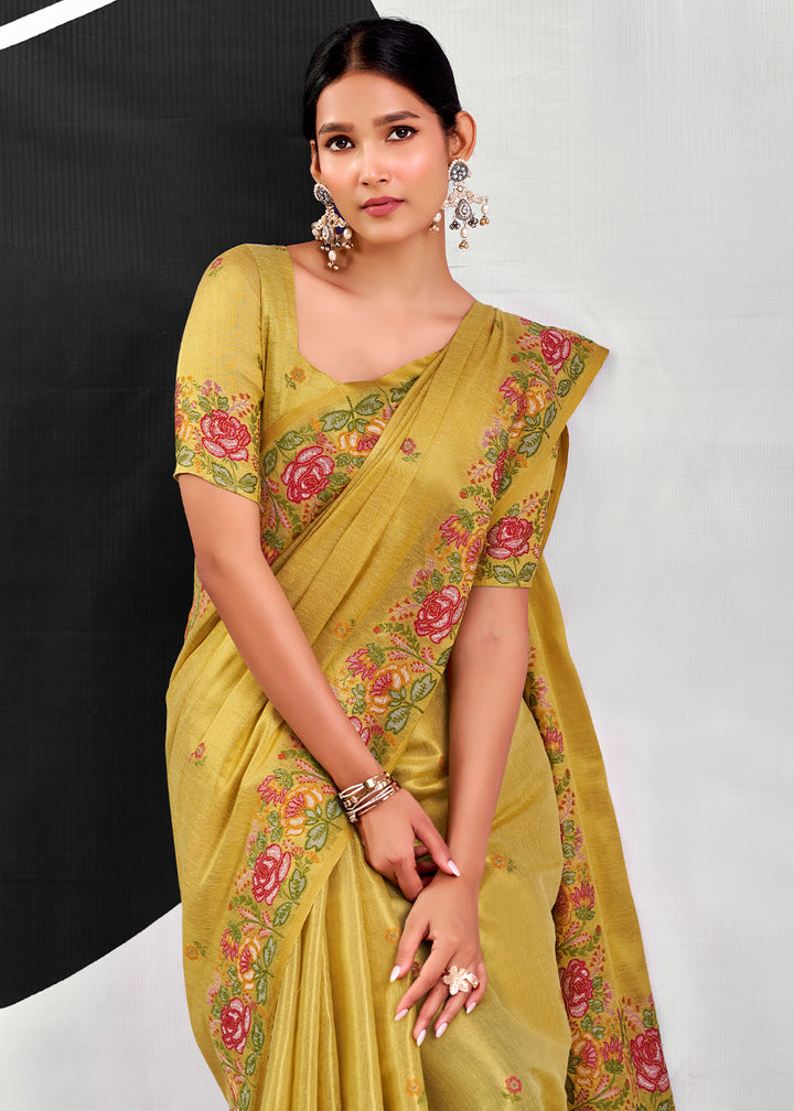 Shades Of Green Tissue Silk Festive Saree with Floral Embroidered Artistry
