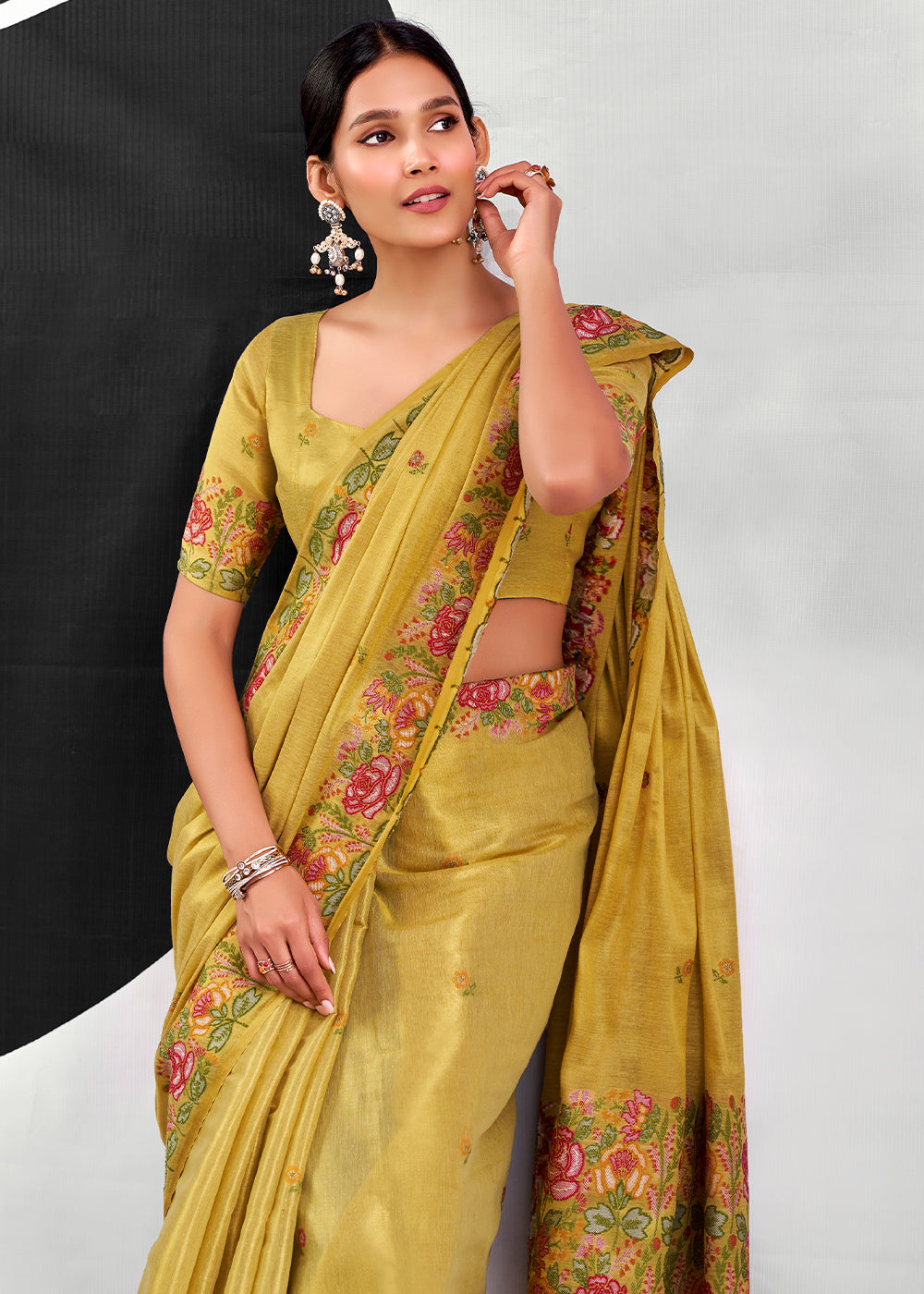 Shades Of Green Tissue Silk Festive Saree with Floral Embroidered Artistry