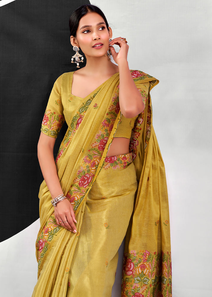 Shades Of Green Tissue Silk Festive Saree with Floral Embroidered Artistry