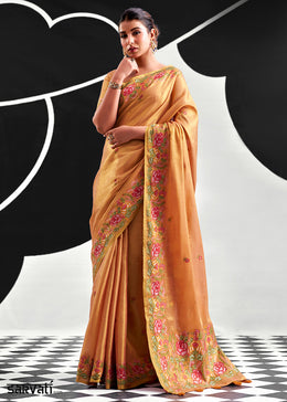 Shades Of Orange Tissue Silk Festive Saree with Floral Embroidered Artistry