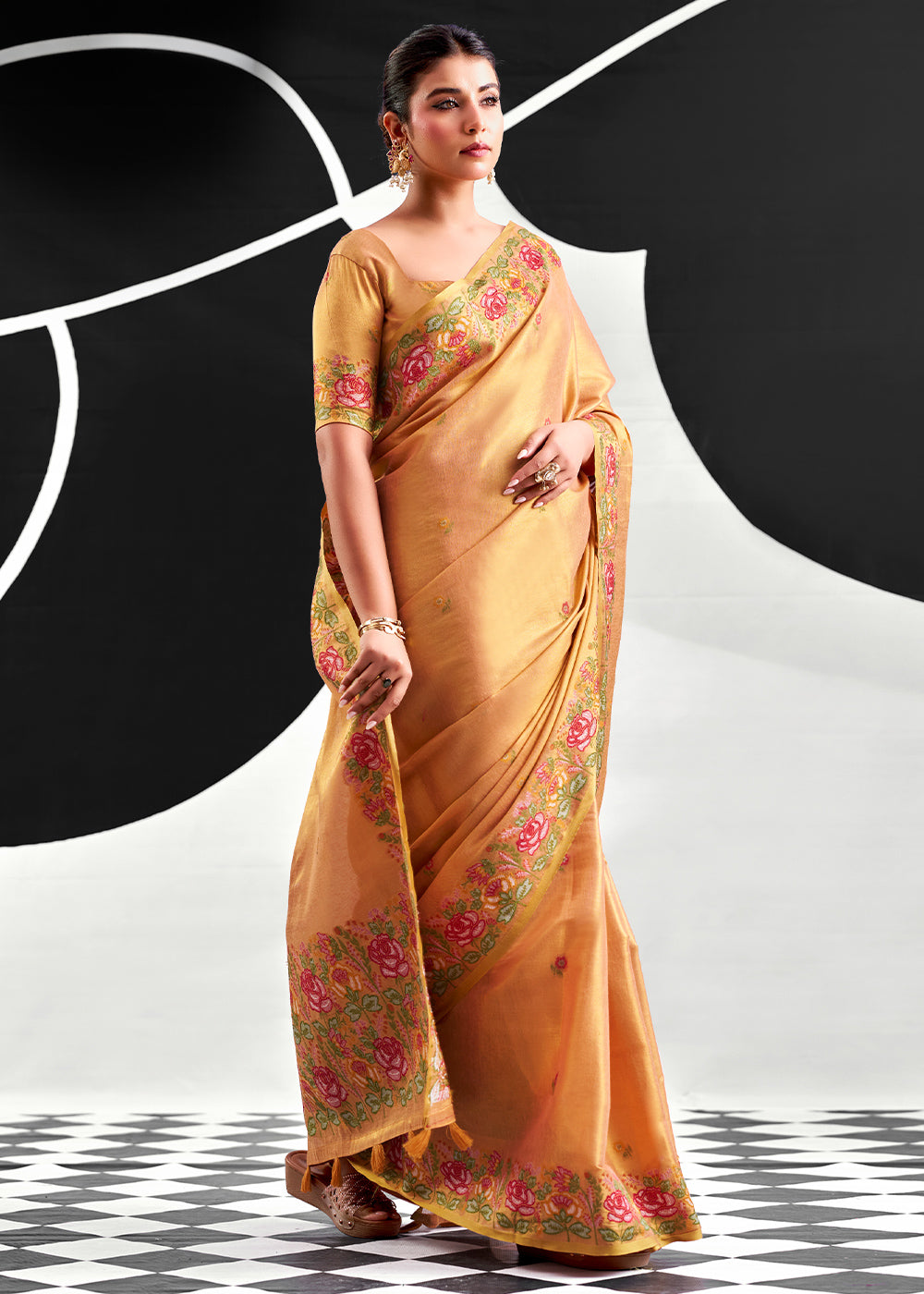 Shades Of Orange Tissue Silk Festive Saree with Floral Embroidered Artistry