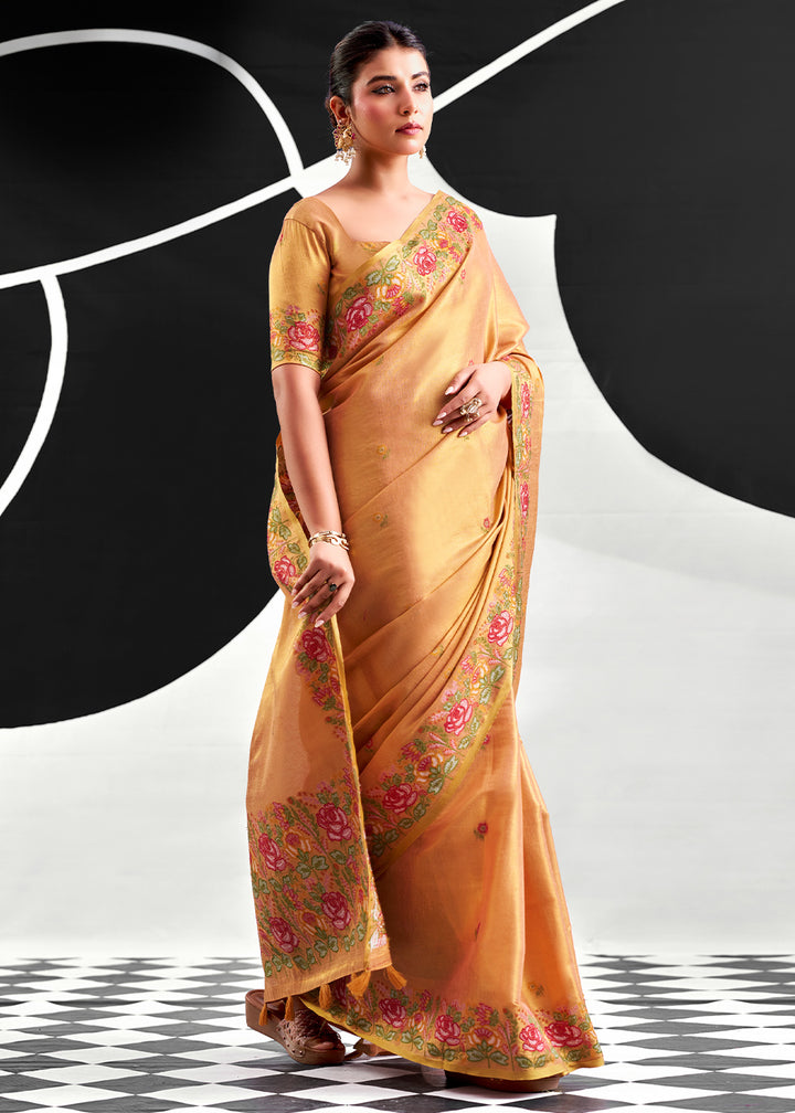 Shades Of Orange Tissue Silk Festive Saree with Floral Embroidered Artistry