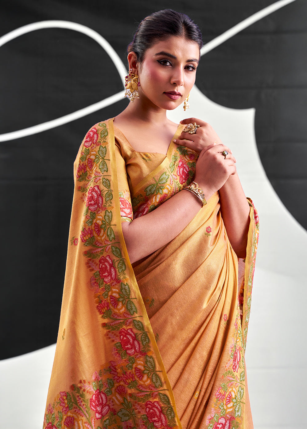 Shades Of Orange Tissue Silk Festive Saree with Floral Embroidered Artistry