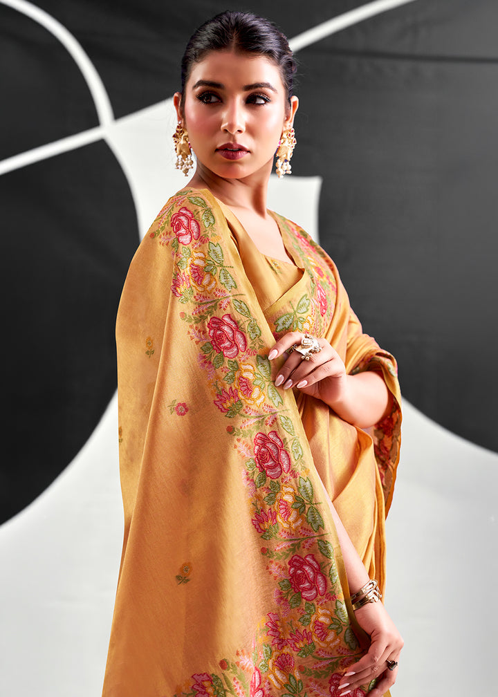 Shades Of Orange Tissue Silk Festive Saree with Floral Embroidered Artistry
