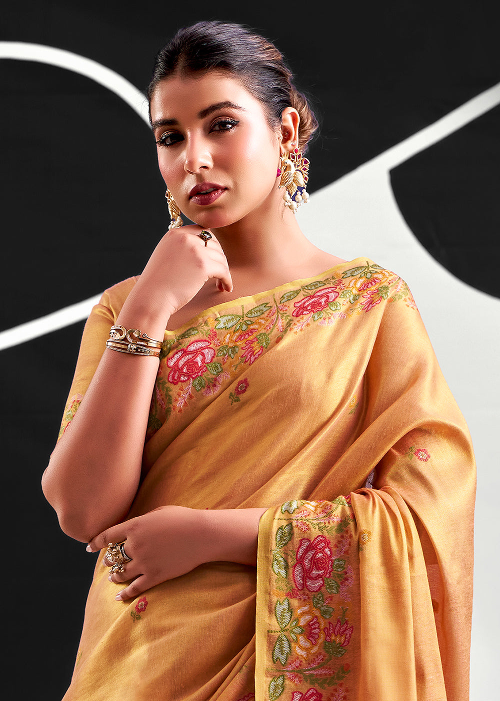 Shades Of Orange Tissue Silk Festive Saree with Floral Embroidered Artistry