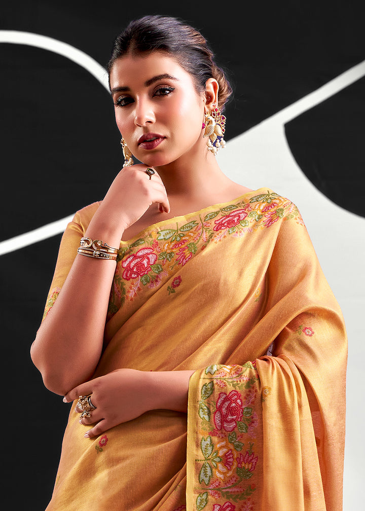Shades Of Orange Tissue Silk Festive Saree with Floral Embroidered Artistry