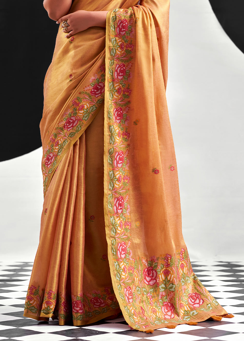 Shades Of Orange Tissue Silk Festive Saree with Floral Embroidered Artistry