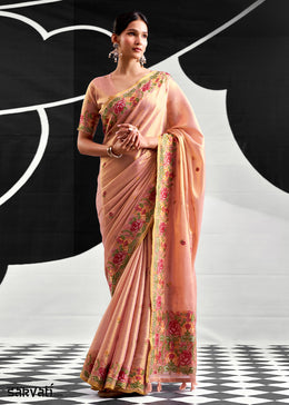 Shades Of Pink Tissue Silk Festive Saree with Floral Embroidered Artistry