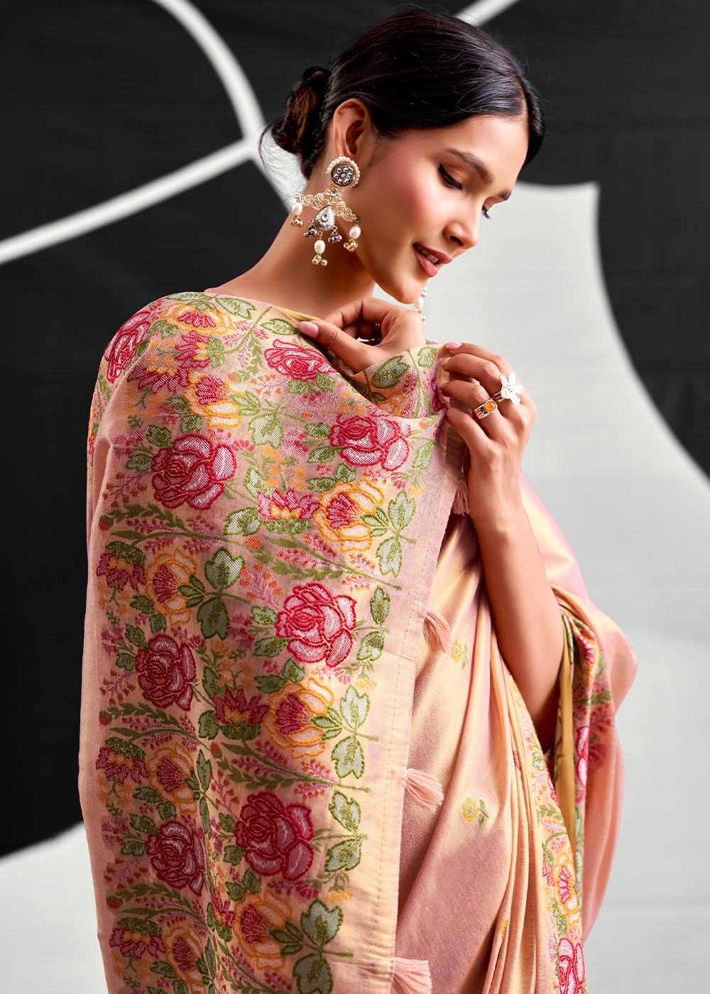 Shades Of Pink Tissue Silk Festive Saree with Floral Embroidered Artistry