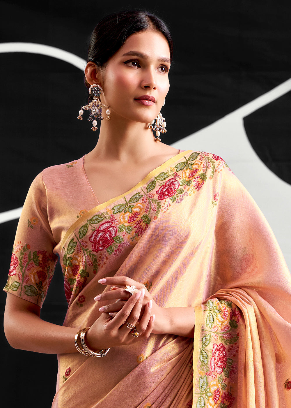 Shades Of Pink Tissue Silk Festive Saree with Floral Embroidered Artistry