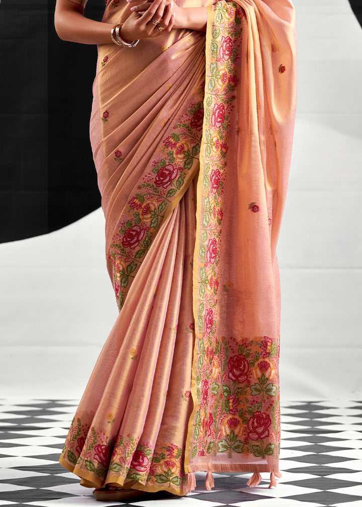 Shades Of Pink Tissue Silk Festive Saree with Floral Embroidered Artistry
