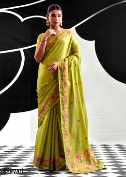 Avocado Green Tissue Silk Festive Saree with Floral Embroidered Artistry
