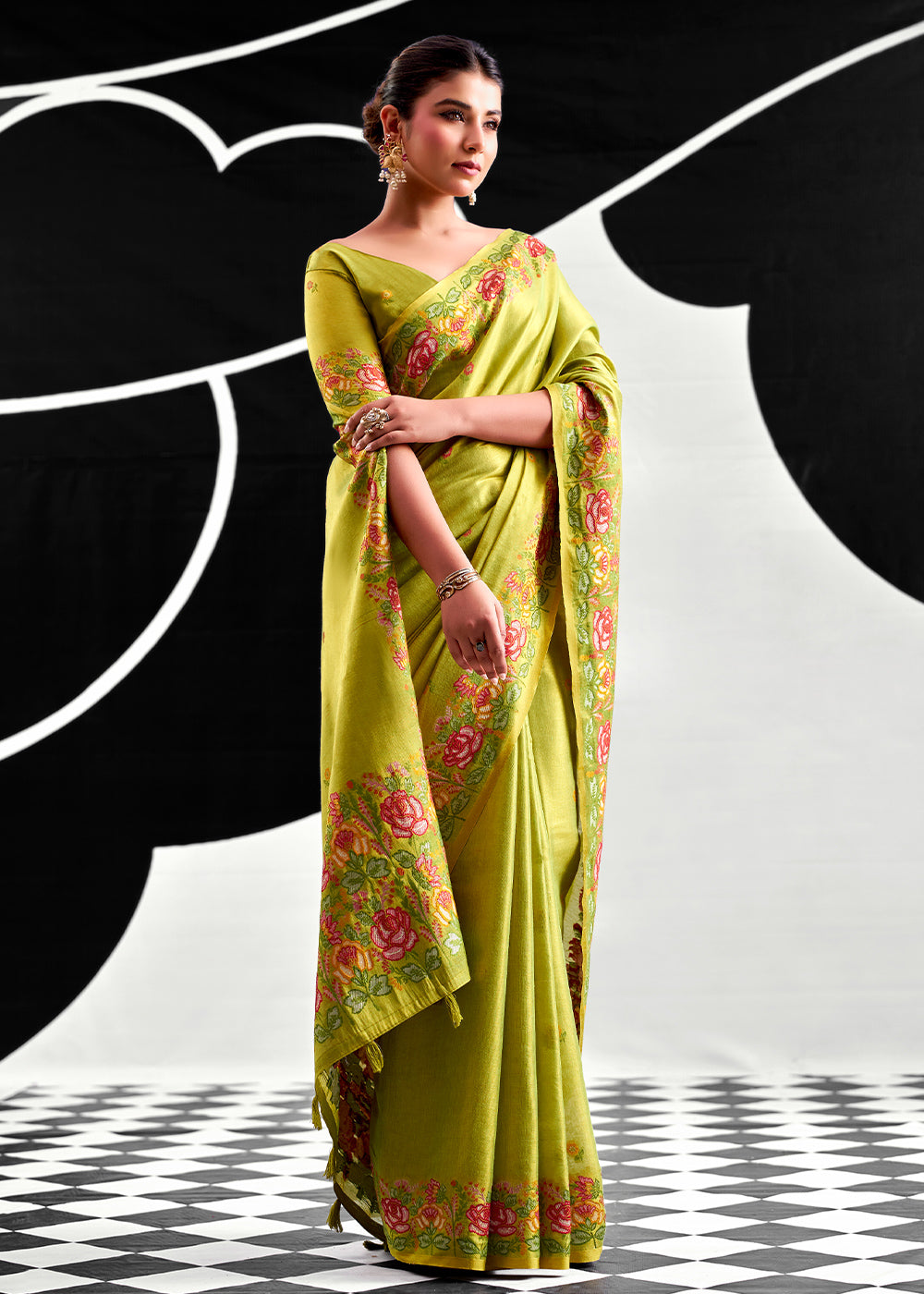 Avocado Green Tissue Silk Festive Saree with Floral Embroidered Artistry